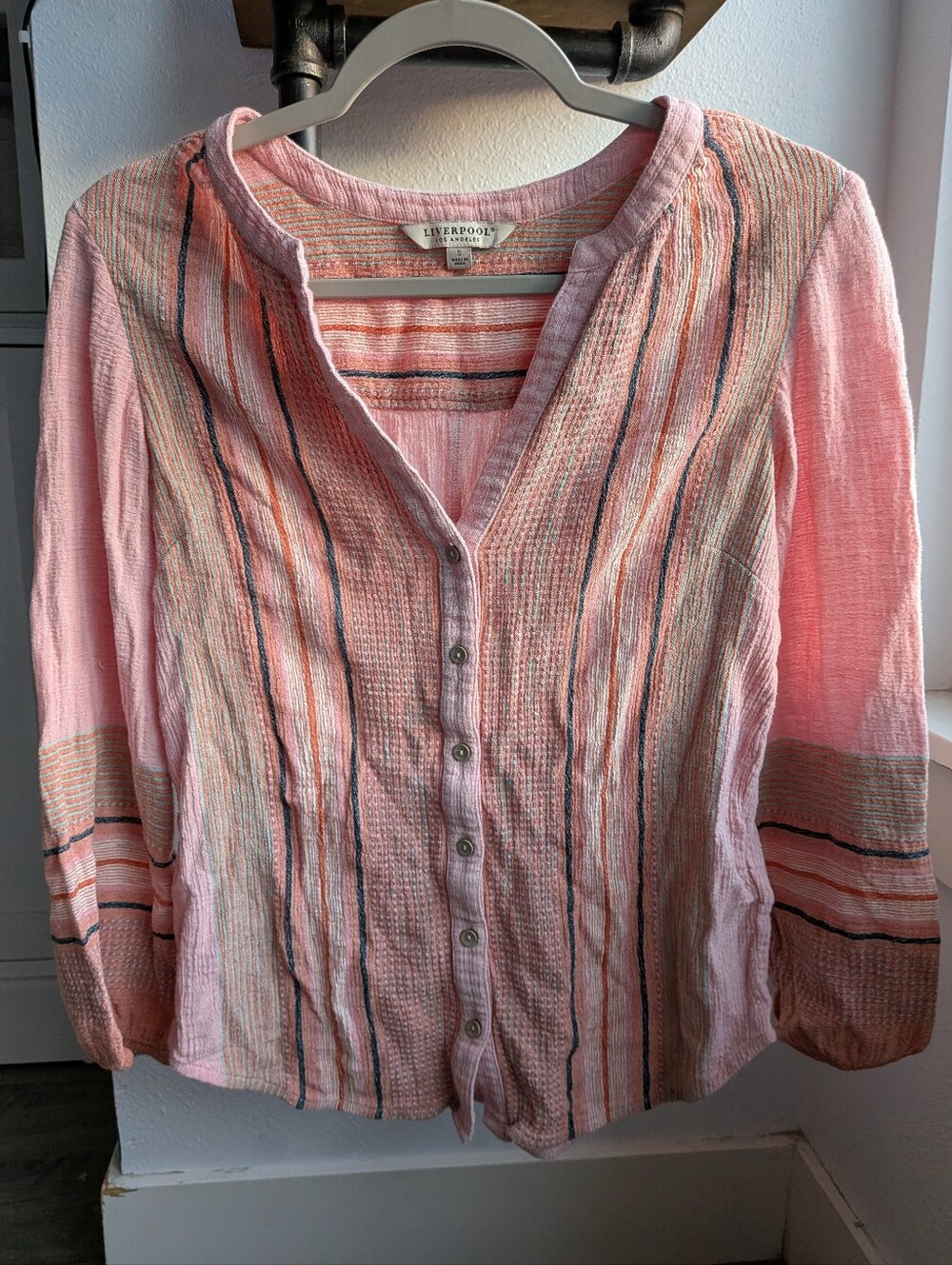 Liverpool Los Angeles Cotton Striped Button Down Blouse Top Pink Boho Small NWOT